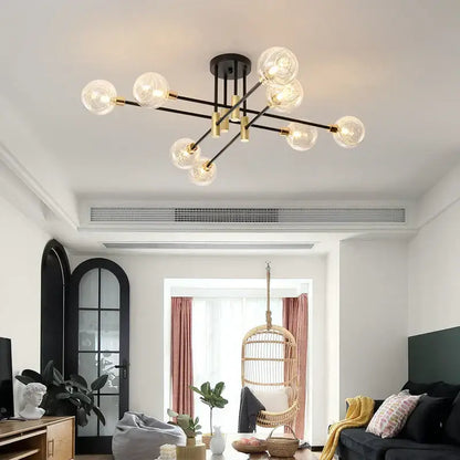 Modern black & gold led chandelier living room glass globe lamp
