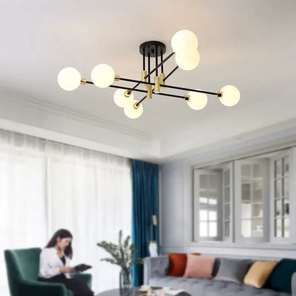 Modern black & gold led chandelier living room glass globe lamp
