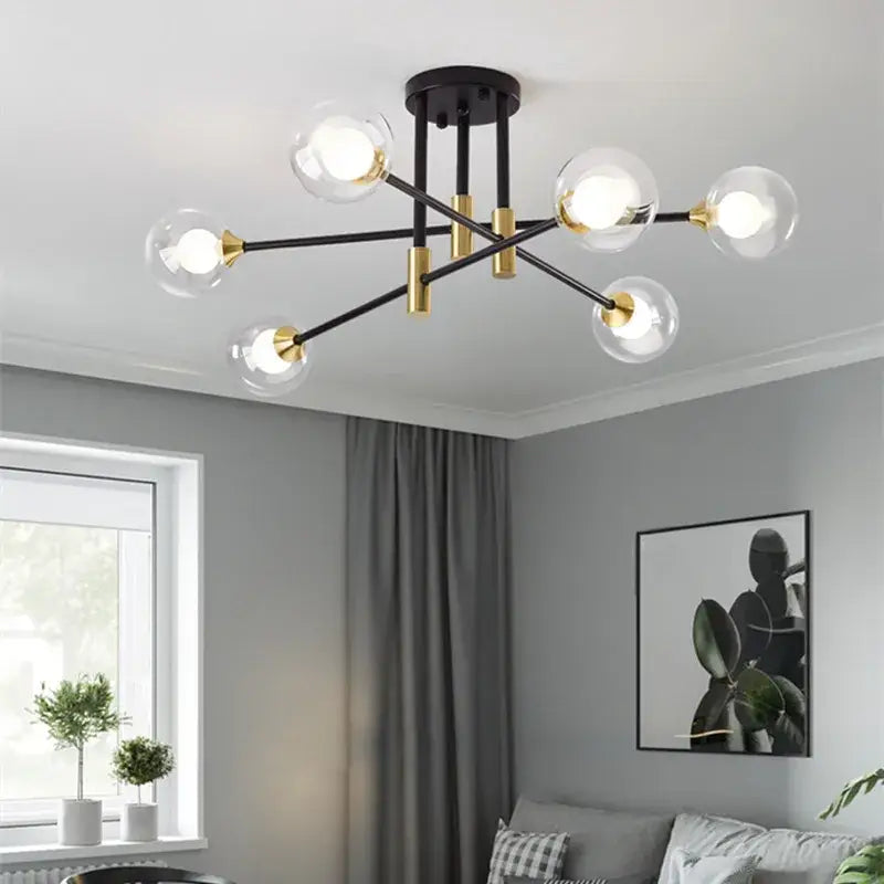 Modern black & gold led chandelier living room glass globe lamp