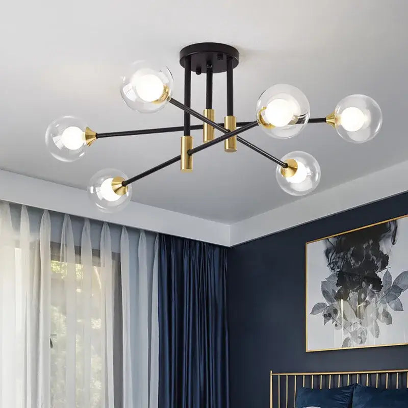 Modern black & gold led chandelier living room glass globe lamp