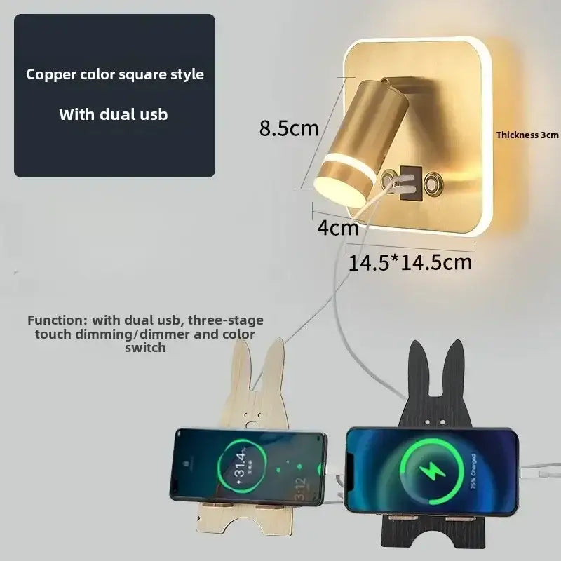 Modern black & gold led usb reading wall lamp bedroom light