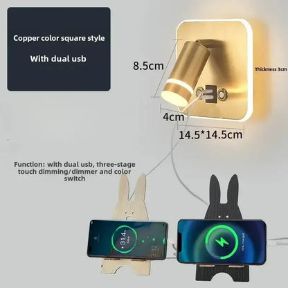Modern black & gold led usb reading wall lamp bedroom light