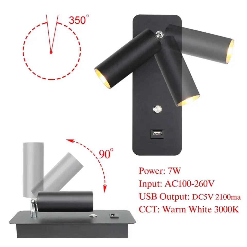 Modern black & gold led wall lights bedroom usb charging port