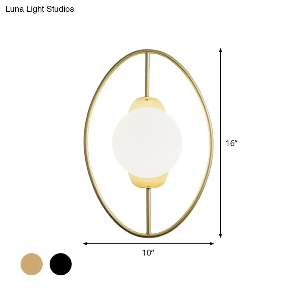 Modern black & gold metal halo ring wall lamp with white glass bedroom