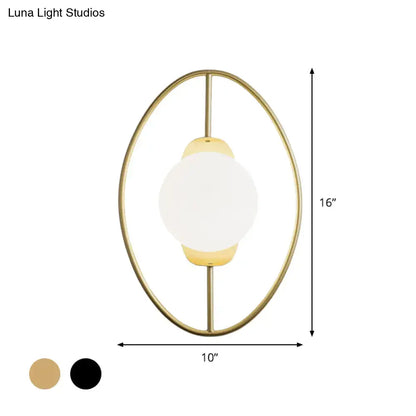 Modern black & gold metal halo ring wall lamp with white glass bedroom