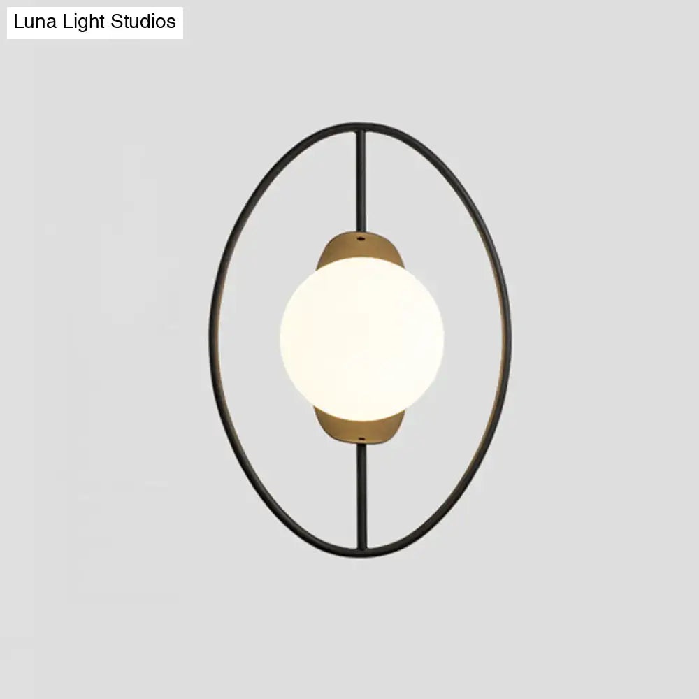 Modern black & gold metal halo ring wall lamp with white glass bedroom