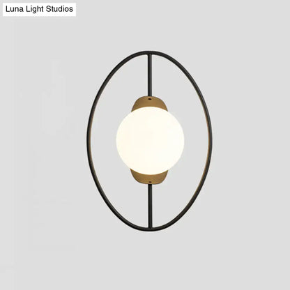 Modern black & gold metal halo ring wall lamp with white glass bedroom