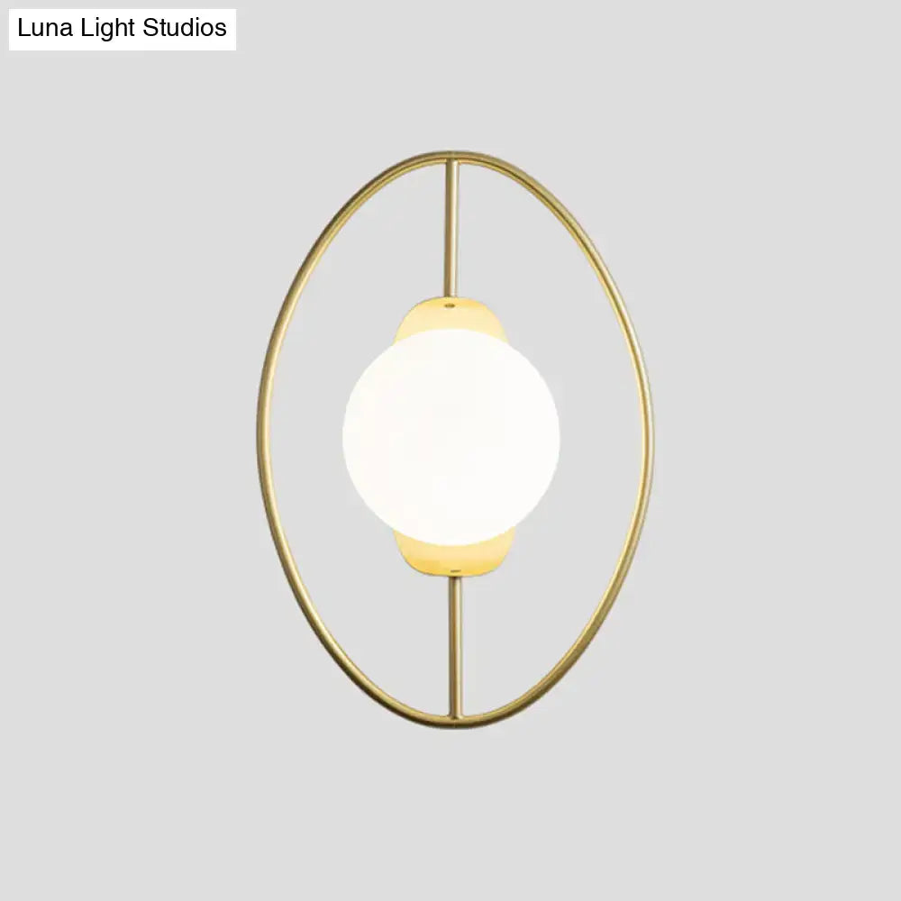 Modern black & gold metal halo ring wall lamp with white glass bedroom