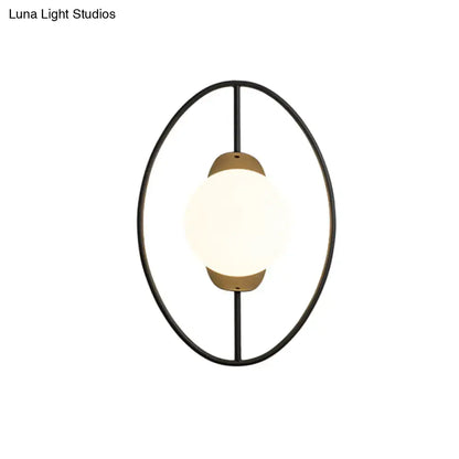 Modern black & gold metal halo ring wall lamp with white glass bedroom