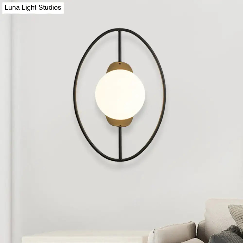 Modern black & gold metal halo ring wall lamp with white glass bedroom