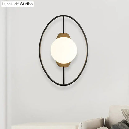 Modern black & gold metal halo ring wall lamp with white glass bedroom