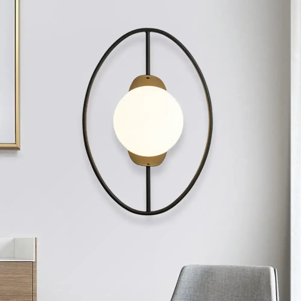 Modern black & gold metal halo ring wall lamp with white glass bedroom