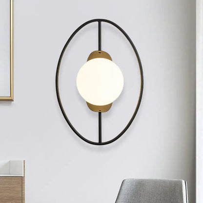 Modern black & gold metal halo ring wall lamp with white glass bedroom