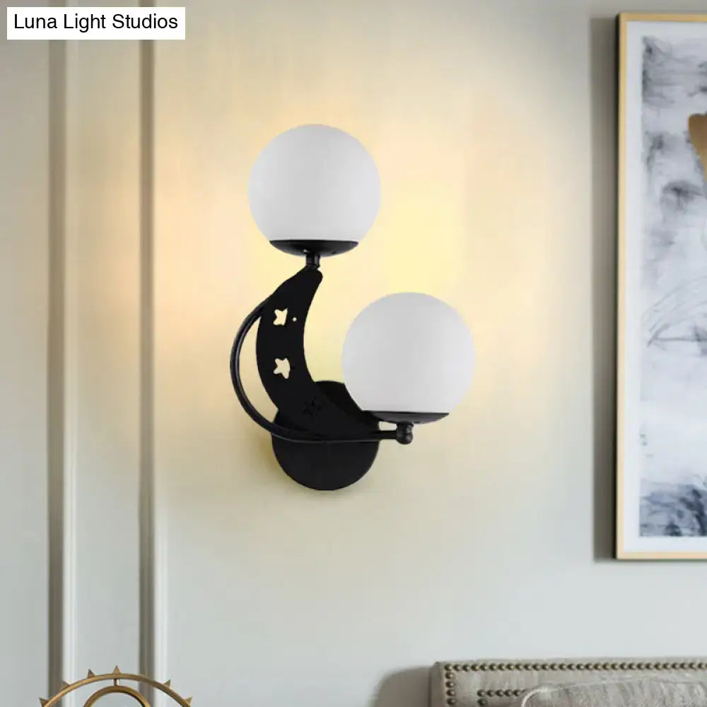 Modern black & gold moon wall lamp with milky glass ball bedroom light