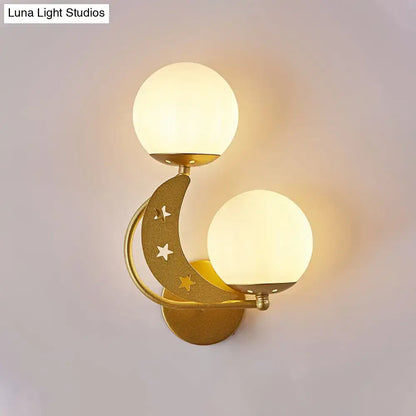 Modern black & gold moon wall lamp with milky glass ball bedroom light