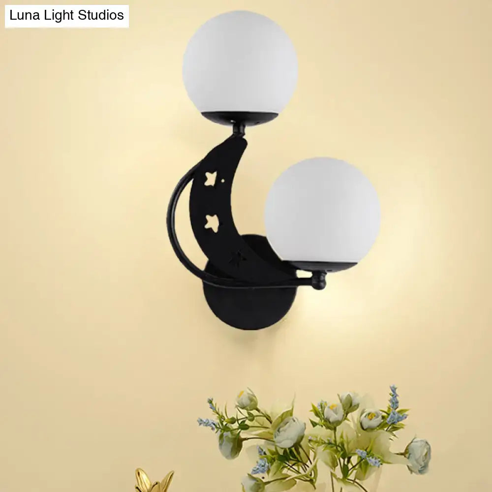 Modern black & gold moon wall lamp with milky glass ball bedroom light