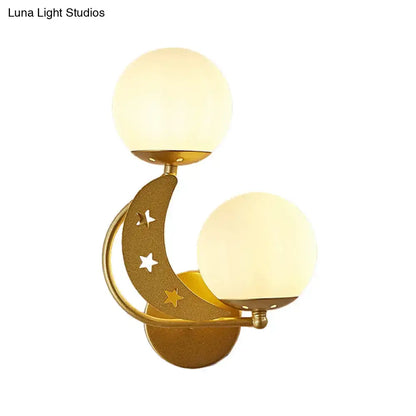 Modern black & gold moon wall lamp with milky glass ball bedroom light