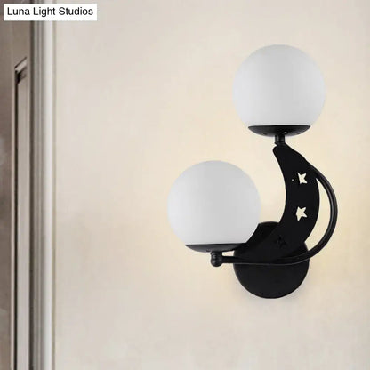 Modern black & gold moon wall lamp with milky glass ball bedroom light