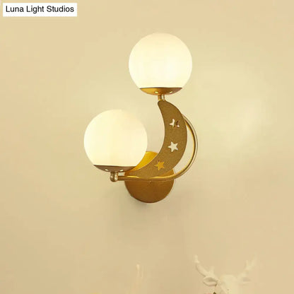 Modern black & gold moon wall lamp with milky glass ball bedroom light