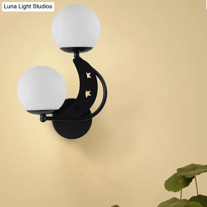 Modern black & gold moon wall lamp with milky glass ball bedroom light