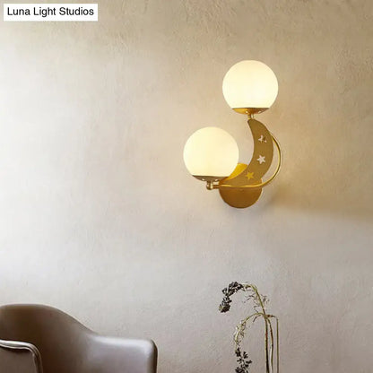Modern black & gold moon wall lamp with milky glass ball bedroom light
