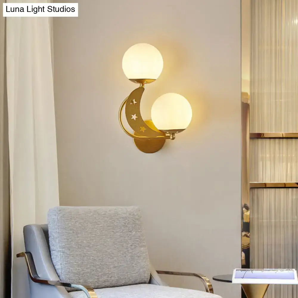 Modern black & gold moon wall lamp with milky glass ball bedroom light
