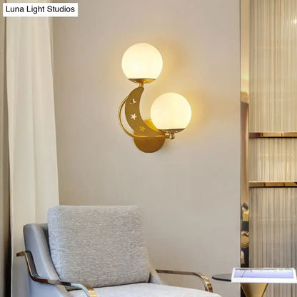 Modern black & gold moon wall lamp with milky glass ball bedroom light
