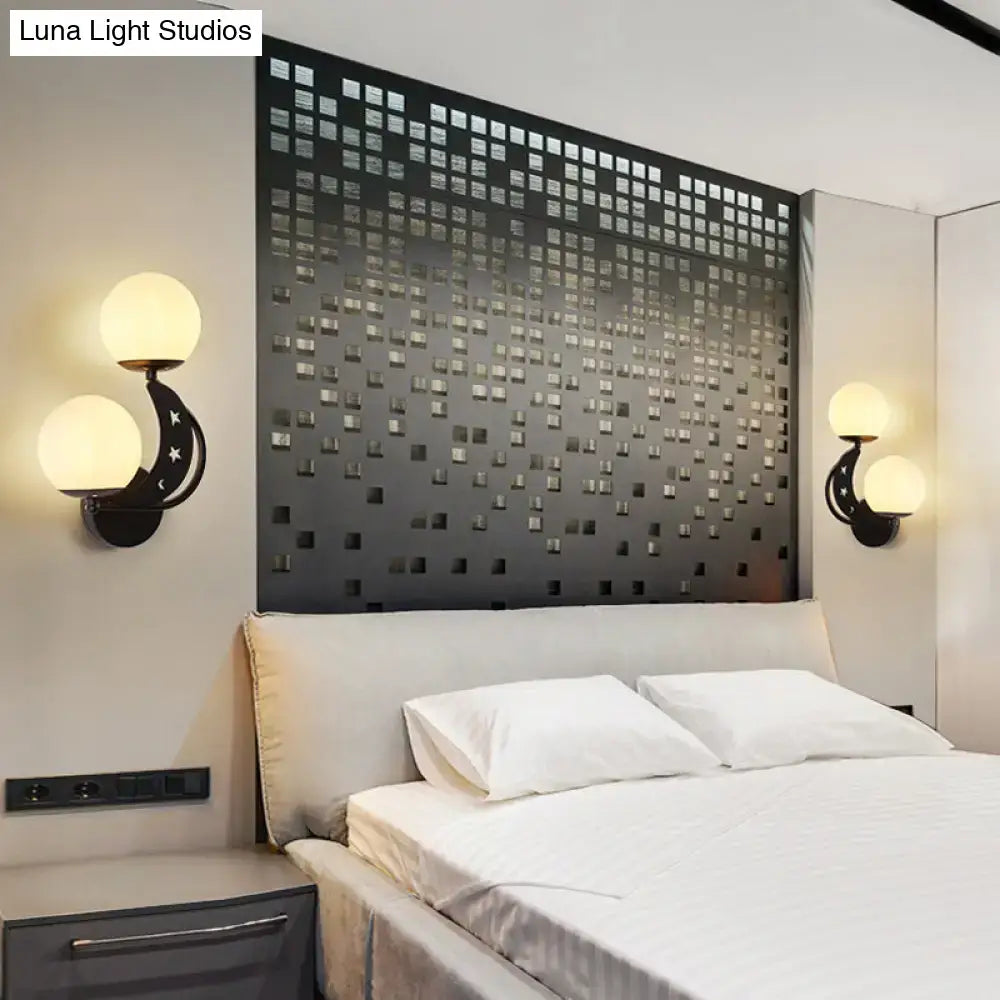 Modern black & gold moon wall lamp with milky glass ball bedroom light