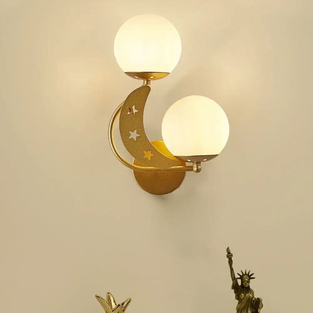 Modern black & gold moon wall lamp with milky glass ball bedroom light