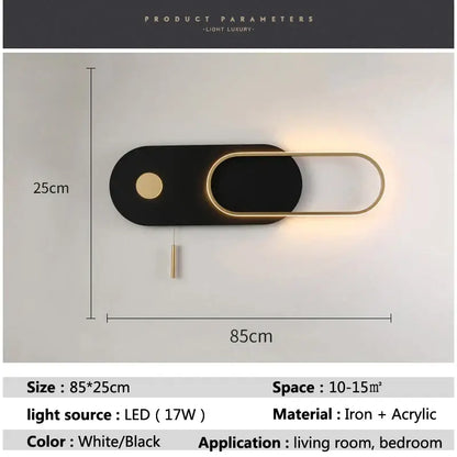 Modern black & gold oval led wall lamp bedroom sconce