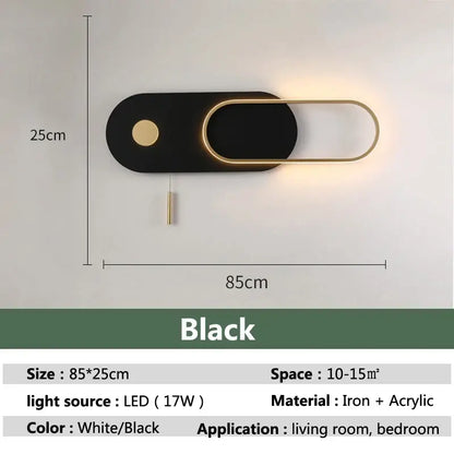 Modern black & gold oval led wall lamp bedroom sconce