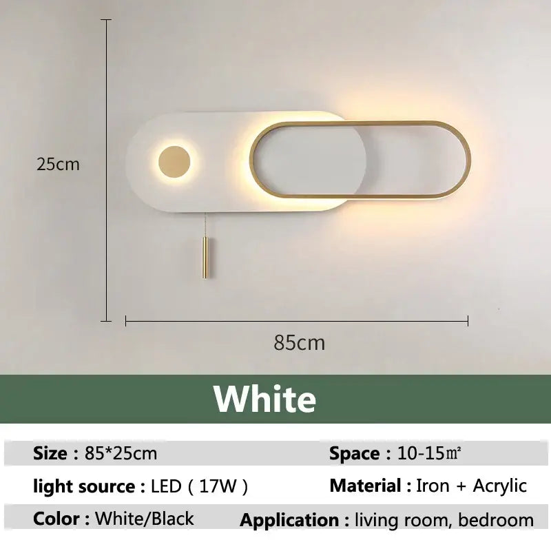 Modern black & gold oval led wall lamp bedroom sconce