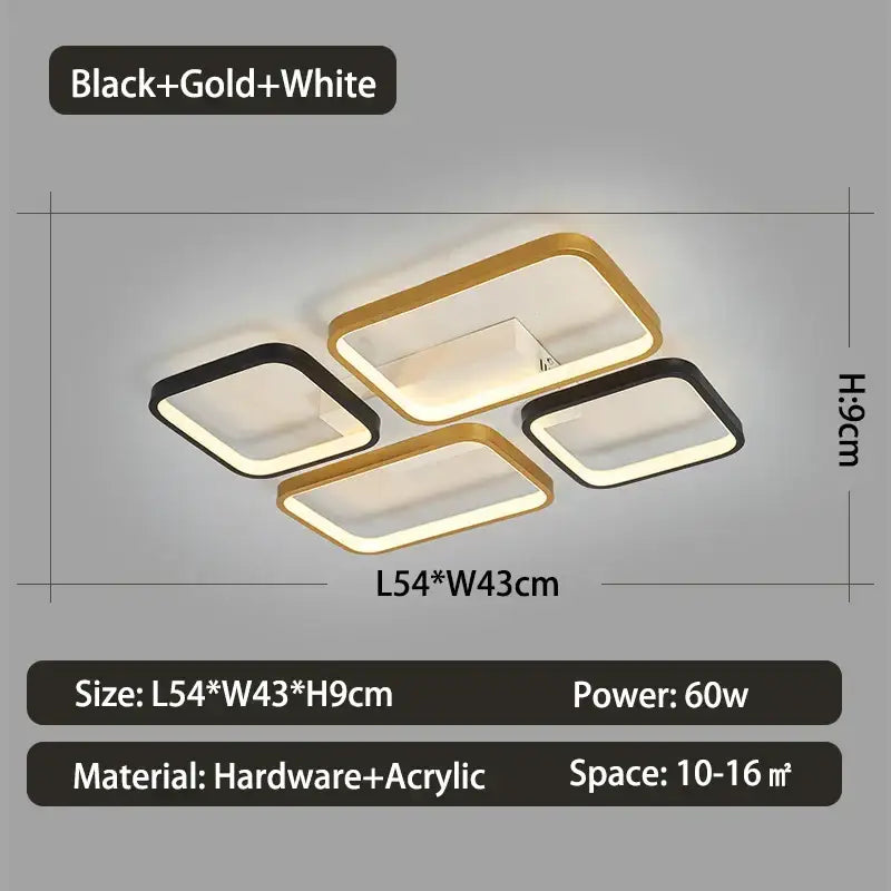 Modern black & gold rectangular dimmable led ceiling light living room