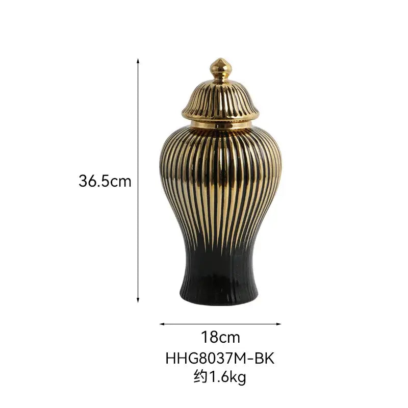 Modern black & gold ribbed ginger jar vase set living room decor