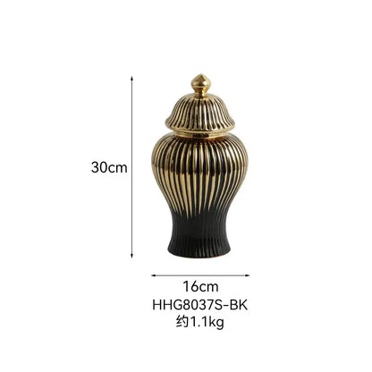 Modern black & gold ribbed ginger jar vase set living room decor