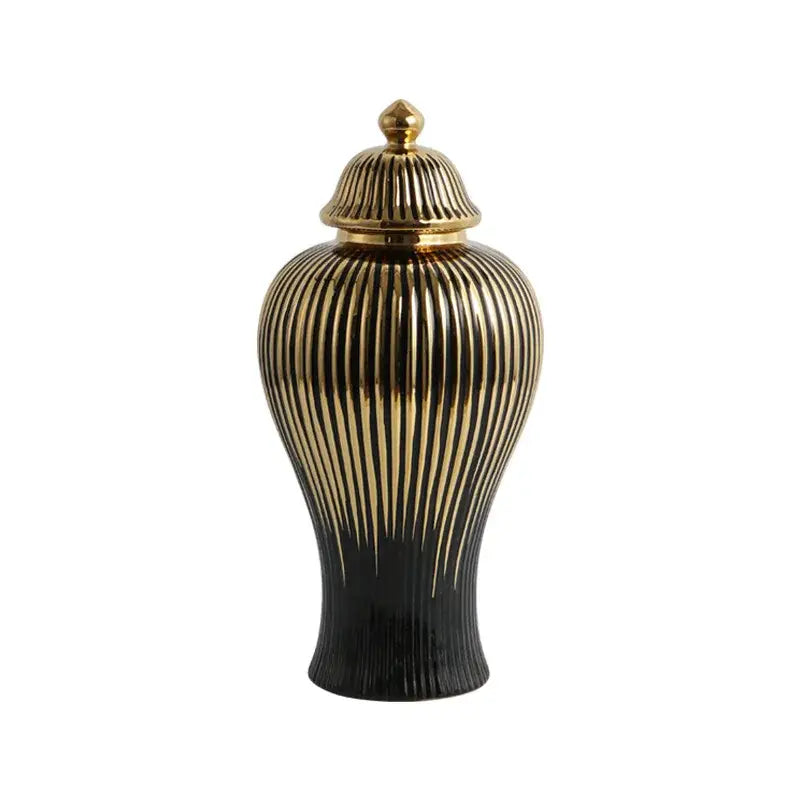 Modern black & gold ribbed ginger jar vase set living room decor