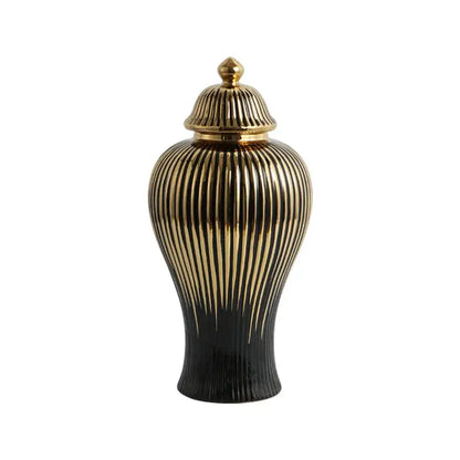 Modern black & gold ribbed ginger jar vase set living room decor