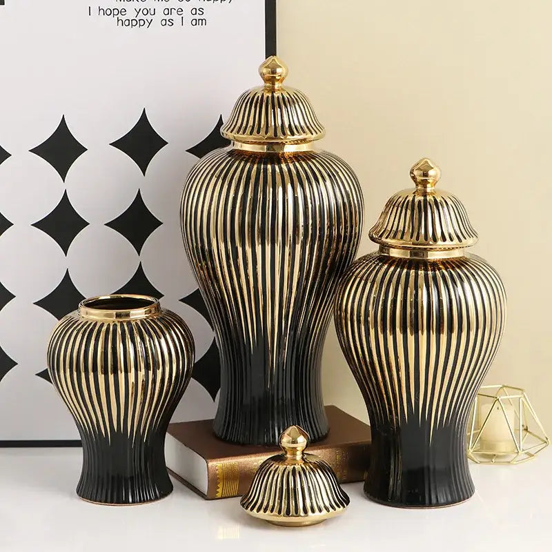 Modern black & gold ribbed ginger jar vase set living room decor