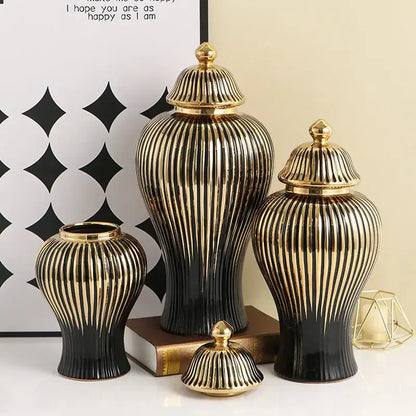 Modern black & gold ribbed ginger jar vase set living room decor