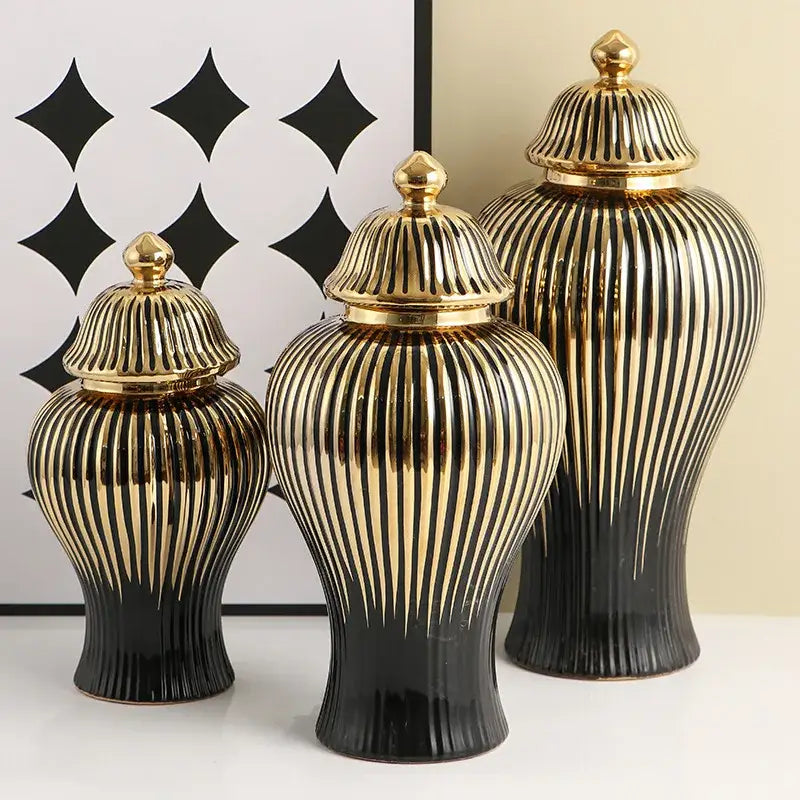 Modern black & gold ribbed ginger jar vase set living room decor