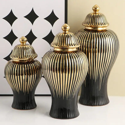 Modern black & gold ribbed ginger jar vase set living room decor