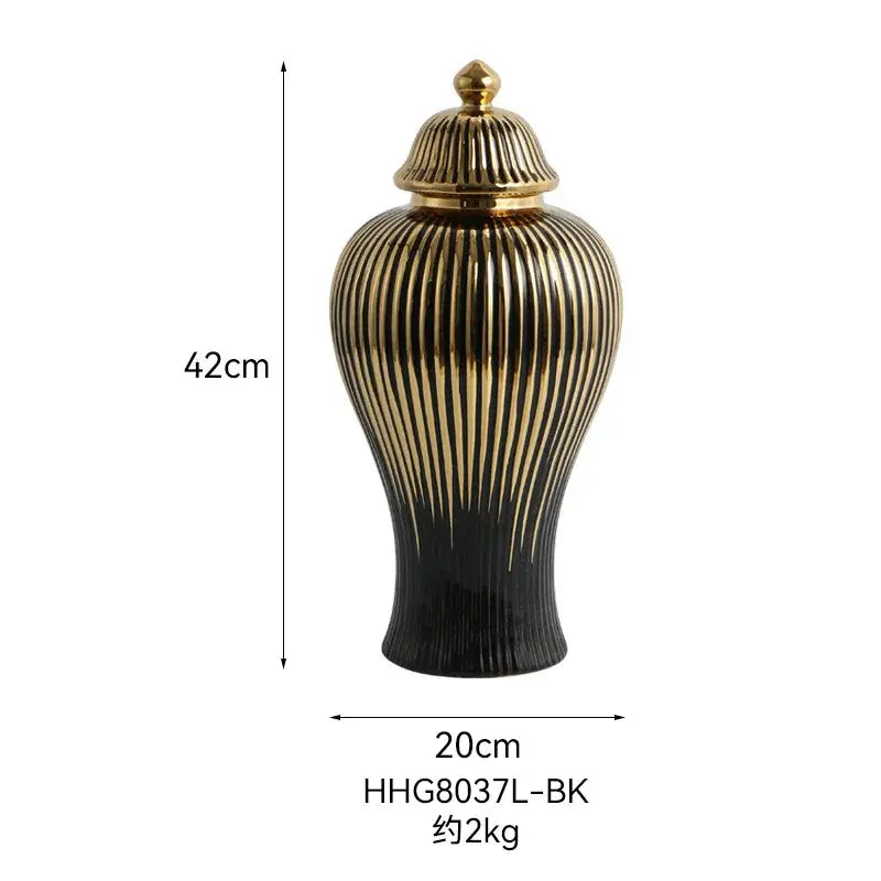 Modern black & gold ribbed ginger jar vase set living room decor