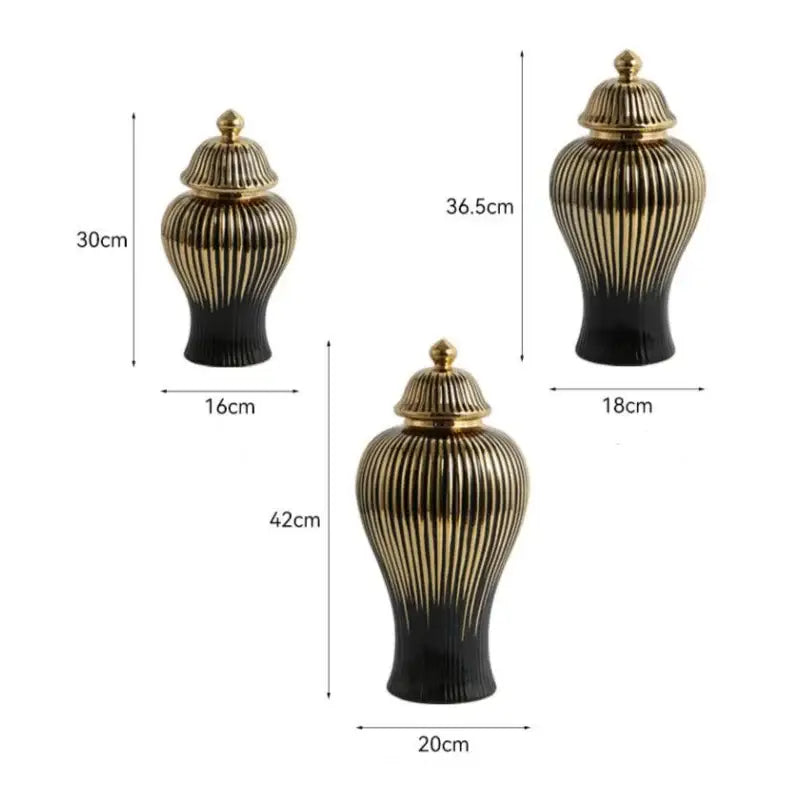 Modern black & gold ribbed ginger jar vase set living room decor