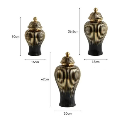 Modern black & gold ribbed ginger jar vase set living room decor