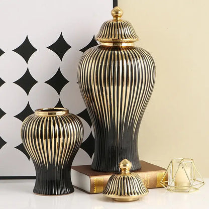 Modern black & gold ribbed ginger jar vase set living room decor
