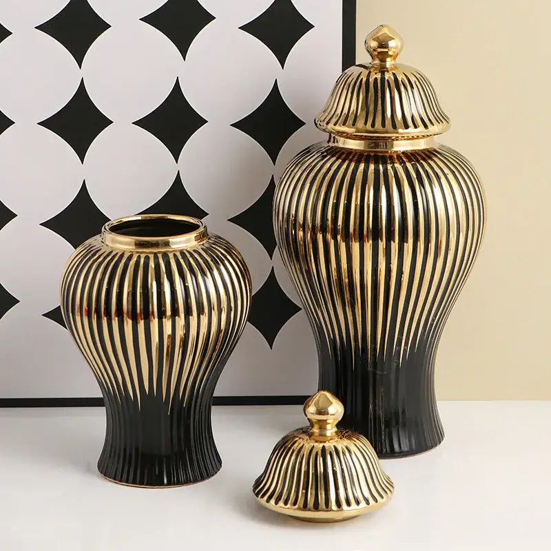 Modern black & gold ribbed ginger jar vase set living room decor