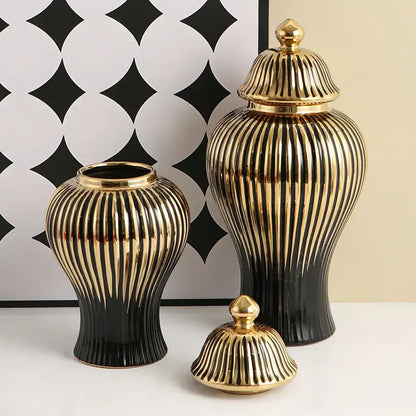 Modern black & gold ribbed ginger jar vase set living room decor