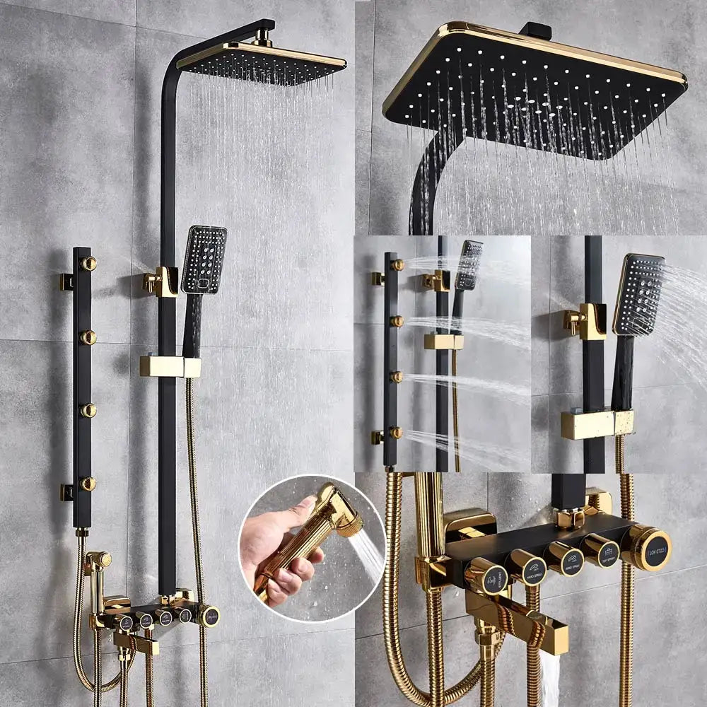 Modern black & gold shower faucet set bathroom rain shower system