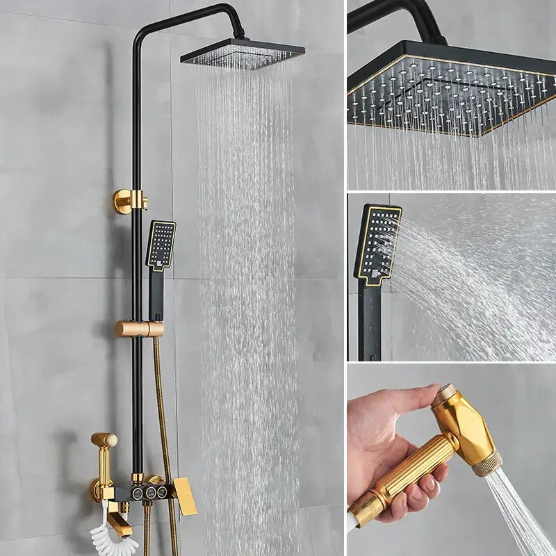 Modern black & gold shower faucet set bathroom rainfall system