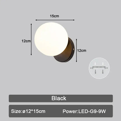Modern black & gold teardrop led wall sconce bedroom glass globe light